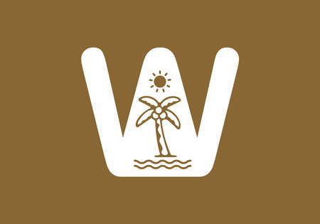 White brown color of W initial letter with coconut tree and sun designのイラスト素材