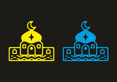 Blue and yellow color of mosque flat illustration in dark background designのイラスト素材