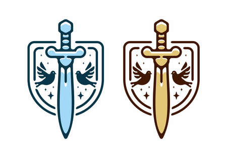 Blue and brown color of sword and shield flat illustration designのイラスト素材
