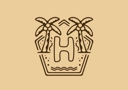 Bright and dark brown color of H initial name in beach theme frame designのイラスト素材