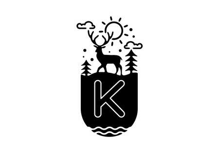 Black line art illustration of deer badge with K initial name in the middle designのイラスト素材