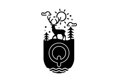 Black line art illustration of deer badge with Q initial name in the middle designのイラスト素材