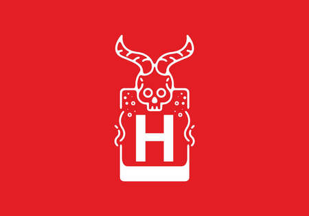 White red line art illustration of skull with H initial letter in the middle designのイラスト素材