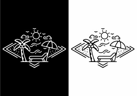 Black and white line art illustration of beach in parallelogram shape designのイラスト素材