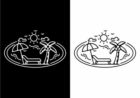 Black and white line art illustration of beach in oval shape designのイラスト素材