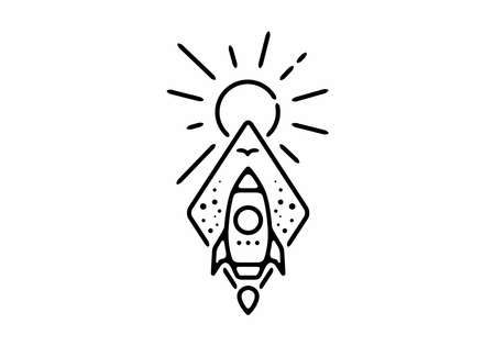 Black line art illustration of flying rocket in diamond shape designのイラスト素材