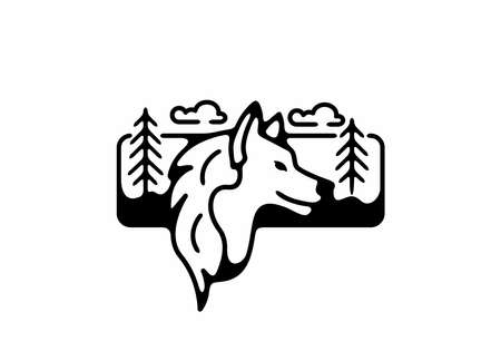 Black line art illustration of wild wolf in rectangle shape design