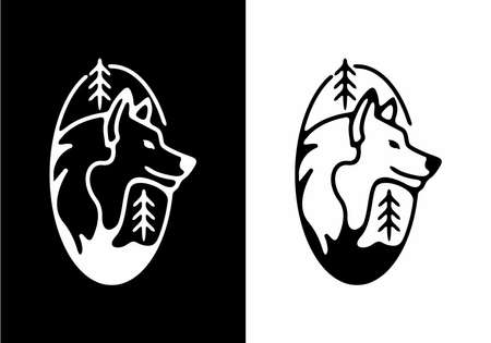 Black line art illustration of wild wolf in stand oval shape designのイラスト素材
