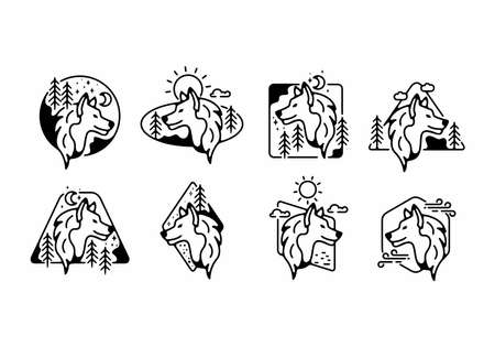 Black line art illustration of wolf badge set design