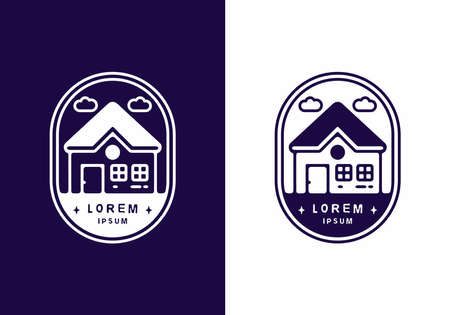 Dark blue and white color of house in oval shape line art designのイラスト素材