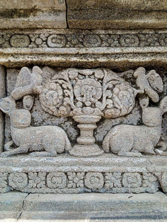 Yogyakarta Indonesia, 28 may 2021 - stone relief of deer animal in the Prambanan temple, Yogyakarta Indonesiaのeditorial素材