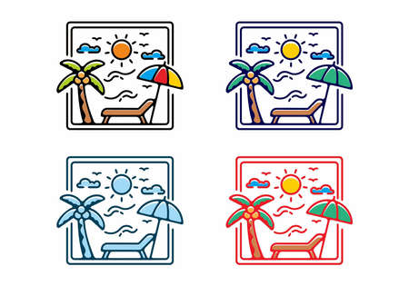 Colorful filled line art illustration of beach in square shape designのイラスト素材
