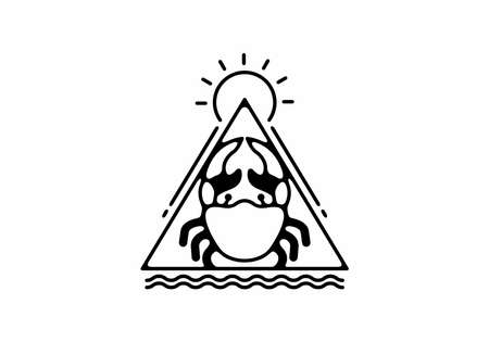 Black line art illustration of crab and sun designのイラスト素材