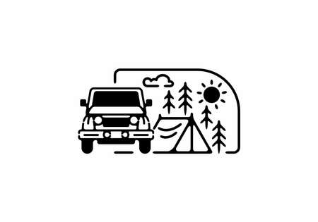 Black line art illustration of camping car designのイラスト素材
