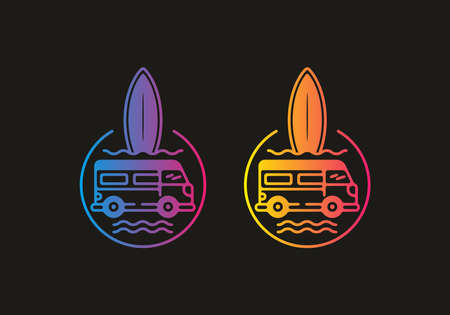 Colorful gradient color of Car with surfing board line art badge designのイラスト素材