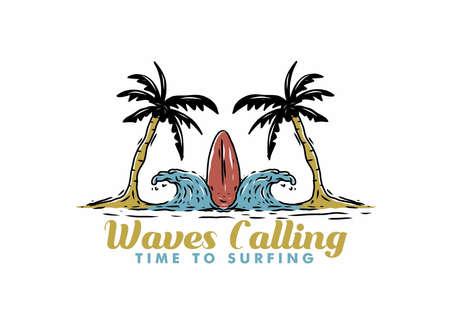 Illustration drawing of beach surfing designのイラスト素材