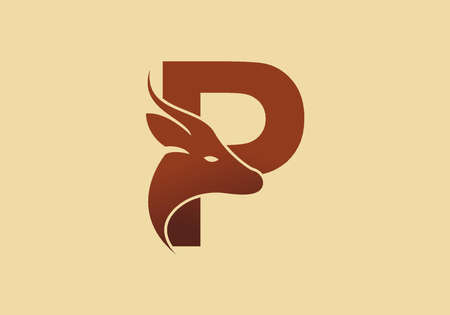 Brown color of P initial letter with deer head designのイラスト素材