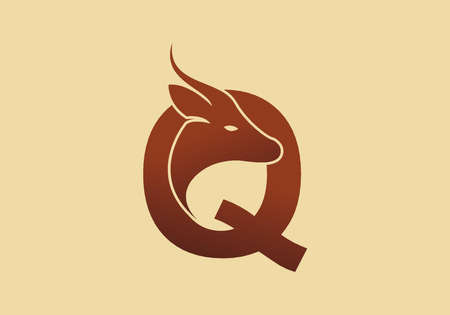Brown color of Q initial letter with deer head designのイラスト素材