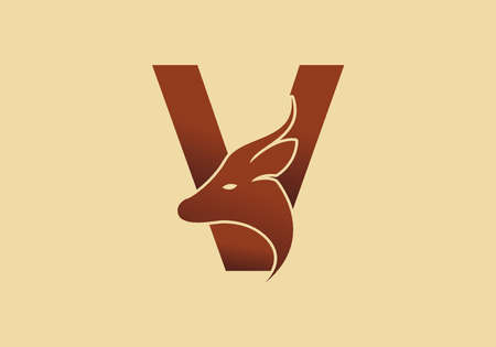 Brown color of V initial letter with deer head designのイラスト素材