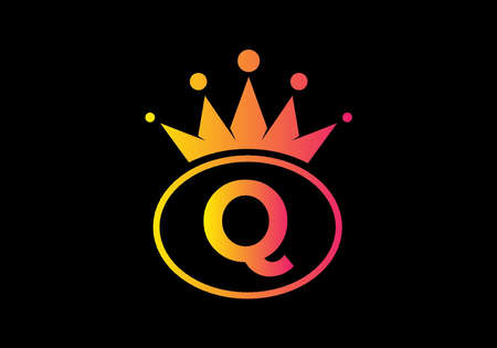 Yellow pink gradient color of Q initial letter in oval shape with crown designのイラスト素材