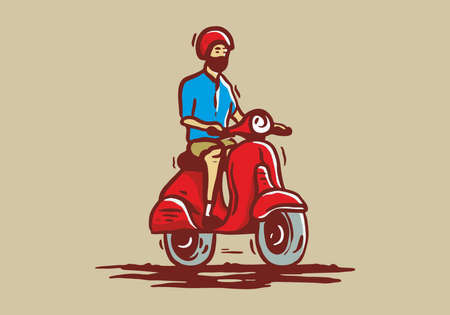 Man riding red scooter illustration drawing designのイラスト素材