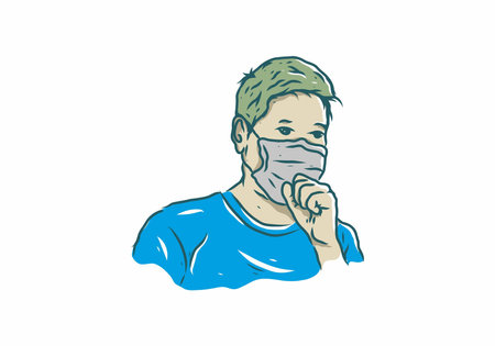 Man who is coughing wearing a medical mask illustration drawing designのイラスト素材