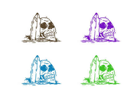 Line art drawing of skull head and surfing board in four color variation designのイラスト素材