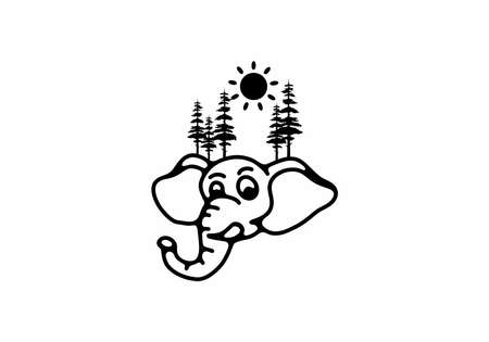 Black line art illustration of elephant head and pine trees designのイラスト素材