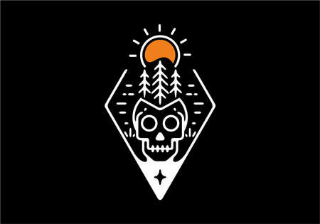 Skull and sun with pine trees line art designのイラスト素材