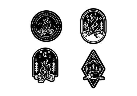 Black and white line art illustration of bonfire and camping tent designのイラスト素材