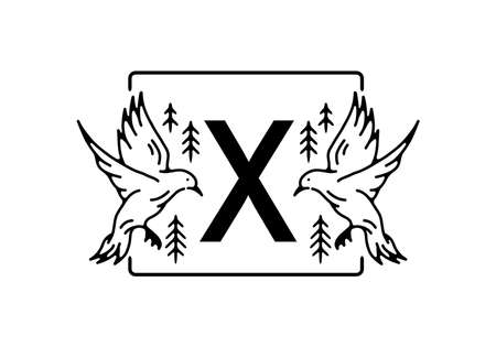 Black color of bird line art with X initial letter designのイラスト素材