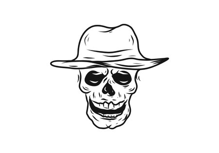 Black line art drawing of skull wearing cowboy hat designのイラスト素材