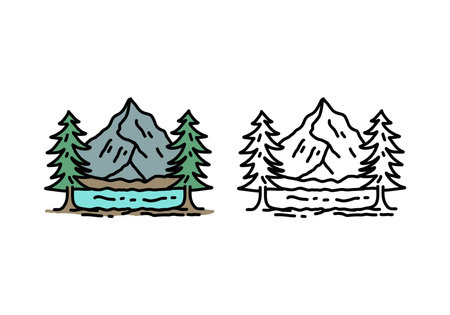 Line art illustration drawing of mountain and pine tree designのイラスト素材