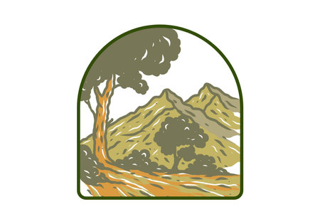Tree and mountain illustration drawing in window shape designのイラスト素材