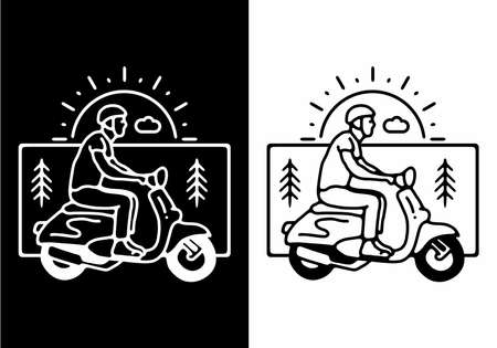 Black and white color of man riding scooter line art designのイラスト素材