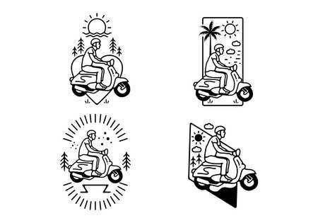 Black and white color of man riding scooter line art designのイラスト素材
