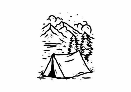 Line art illustration drawing of camping in mountain designのイラスト素材