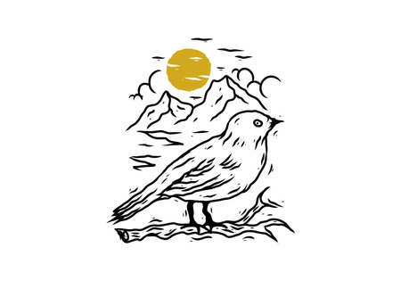 Line art illustration drawing of bird on a log designのイラスト素材