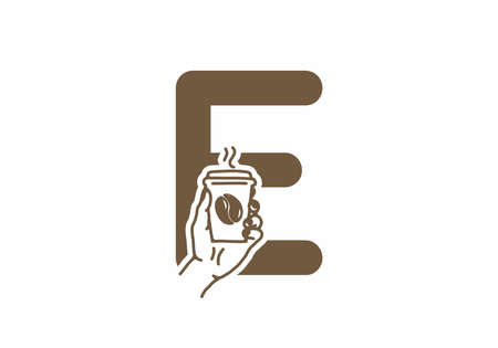 Brown color of E initial letter with line art coffee cup designのイラスト素材