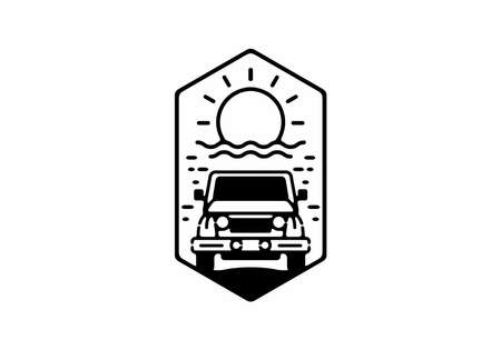 Car and big sun line art illustration designのイラスト素材