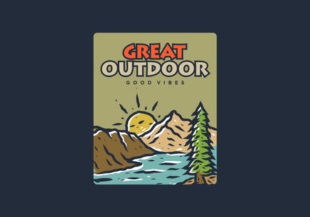 Lake and mountain illustration drawing designのイラスト素材