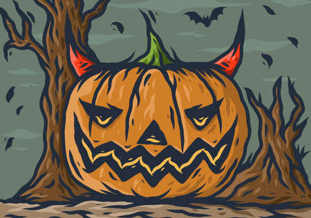 Pumpkin halloween head illustration drawing designのイラスト素材