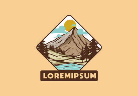 Mountain and pine trees line art illustration designのイラスト素材