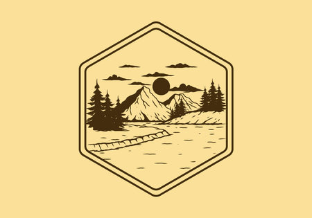 Mountain lake camping illustration drawing designのイラスト素材