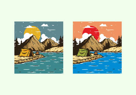 Mountain lake camping illustration drawing designのイラスト素材