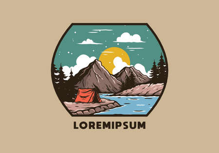 Mountain lake camping illustration drawing designのイラスト素材