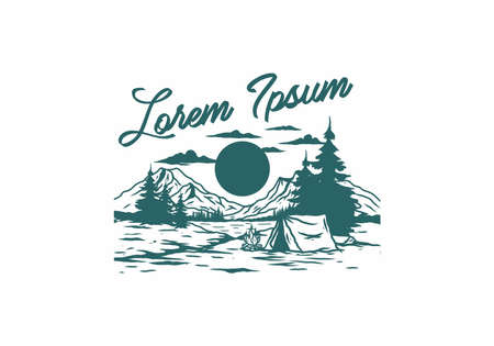 Camping with a bonfire by the lake illustration designのイラスト素材