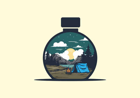 Camping with a bonfire by the lake illustration designのイラスト素材