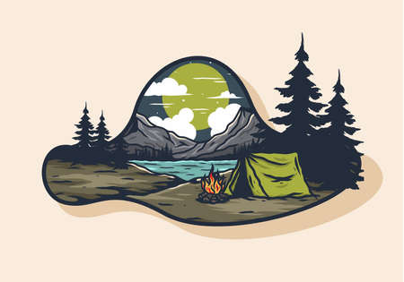 Camping with a bonfire by the lake illustration designのイラスト素材