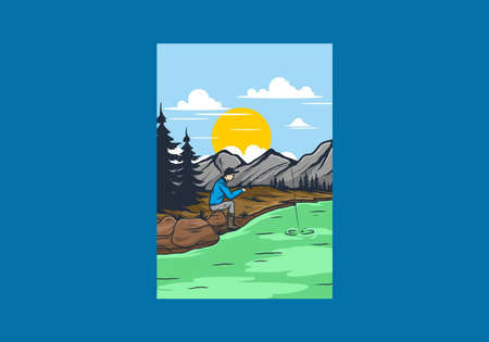 Outdoor wild fishing illustration drawing designのイラスト素材